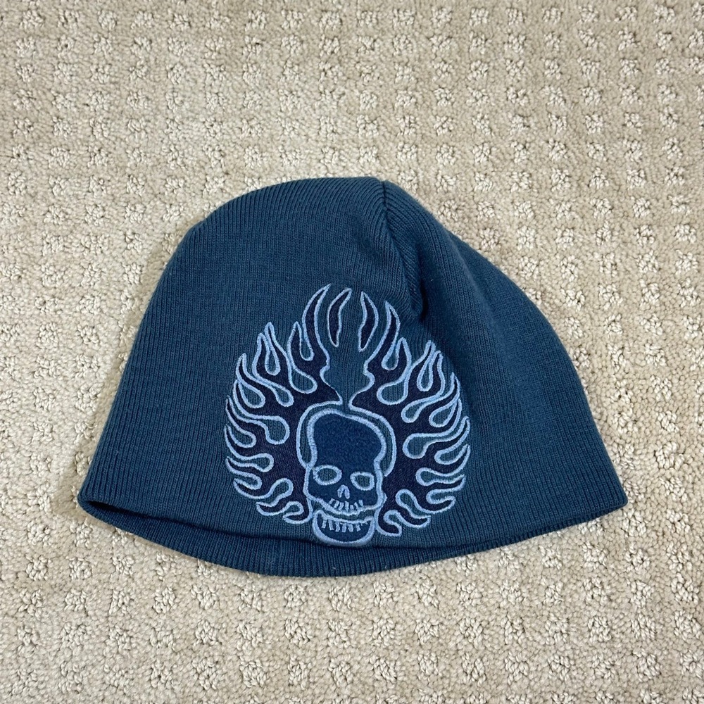 Vintage Beanie Mens Small Blue Y2K Skull Flames Embroidered Knit Skull Hat 2000s